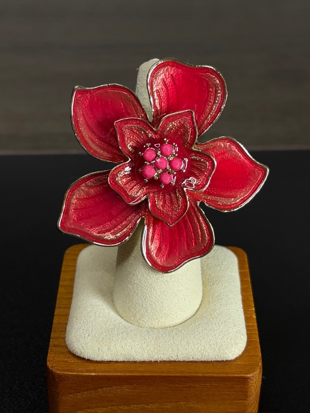 Oversized Red Enamel Floral Statement Ring